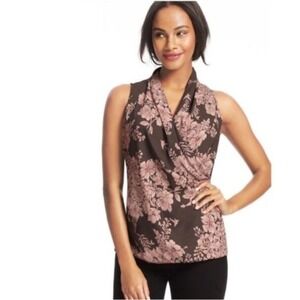 Cabi Blouse Floral Sleeveless Wrap Top‎ Pink Brown Cowl Neck Small